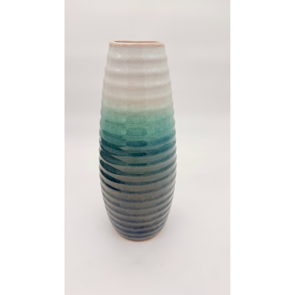 Pre-owned Apropos Home Collection Ceramic Vase Aqua Ribbed 11.5 Inch Tall